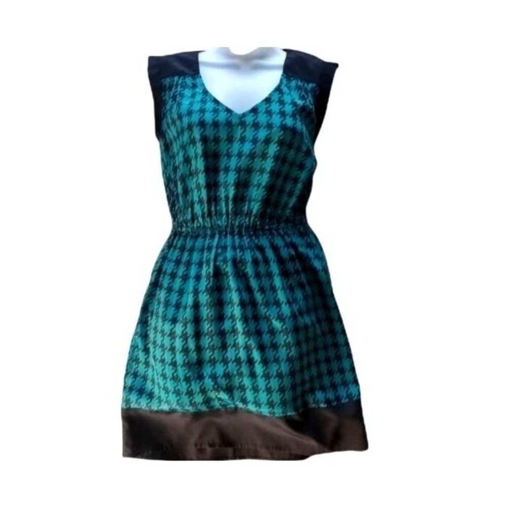 BeBop Women Preppy Retro Mod Houndstooth Dress S Teal Black V-Neck Sleeveless